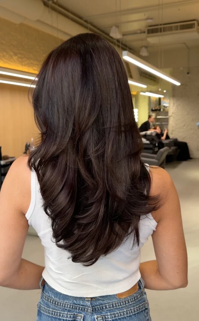 Mid-Back Dark Brown Wavy Layers, Middle Mid-Back Dark Brown Wavy Layers, Middle — Simple Layers Hairstyles