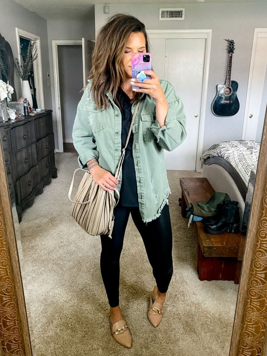 Black Leggings With Distressed Denim Jacket And Mules — Simple Leggings Outfits Casual