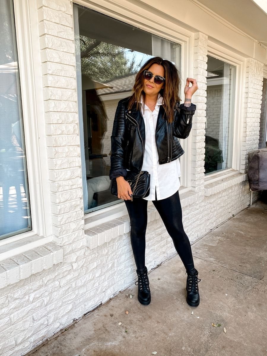 Faux Leather Leggings With Moto Jacket And Boots — Simple Leggings Outfits Casual