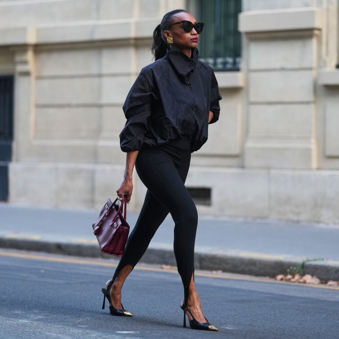 Stirrup Leggings With Cropped Jacket And Pointed Heels — Simple Leggings Outfits Casual