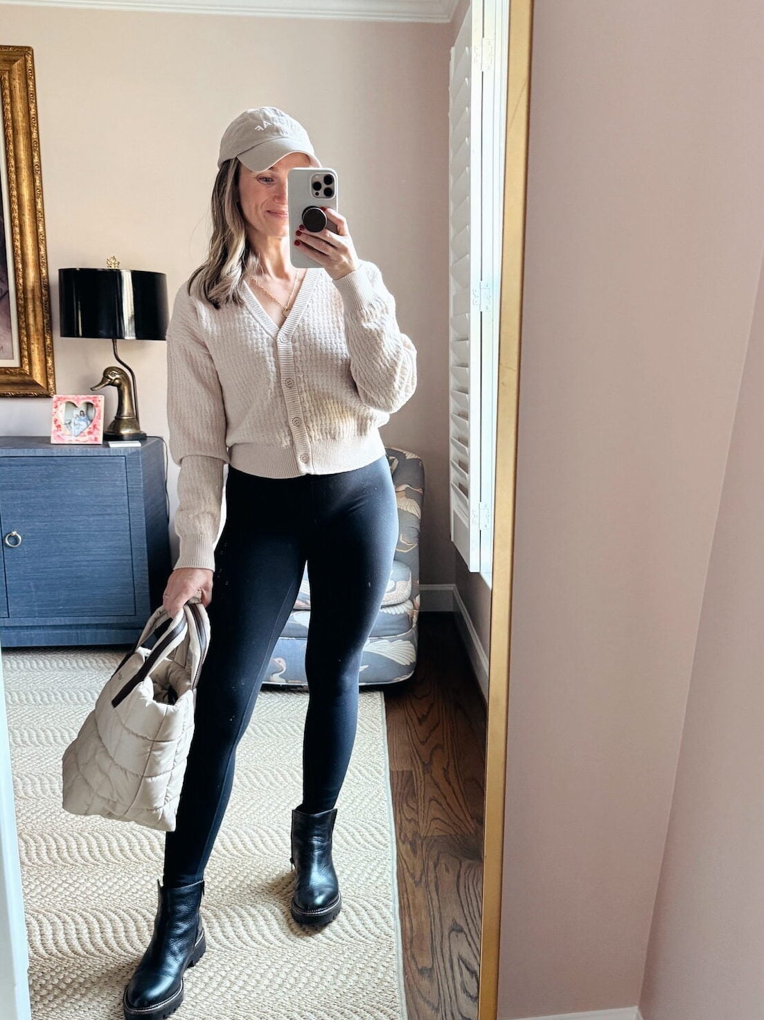 Black Leggings With Waffle Knit Cardigan And Chunky Boots — Simple Leggings Outfits Casual