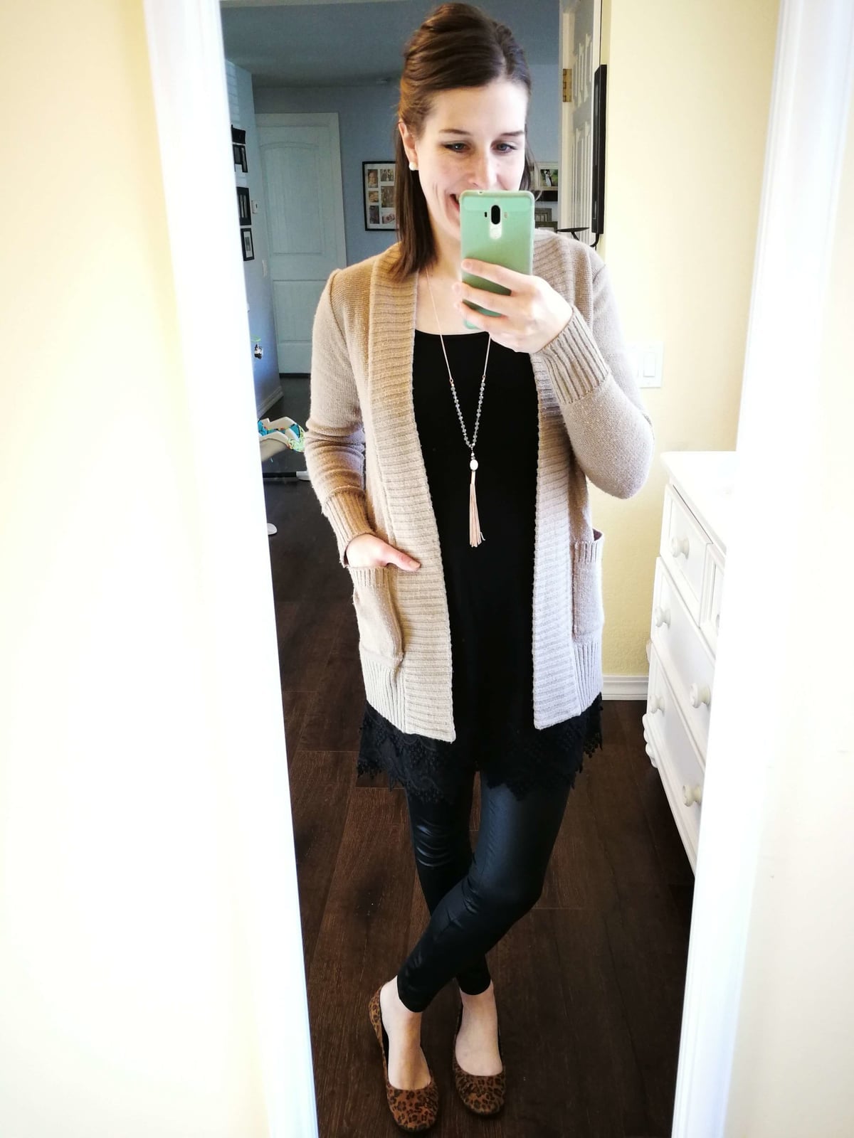 Black Leggings With Lace Camisole And Leopard Flats — Simple Leggings Outfits Casual