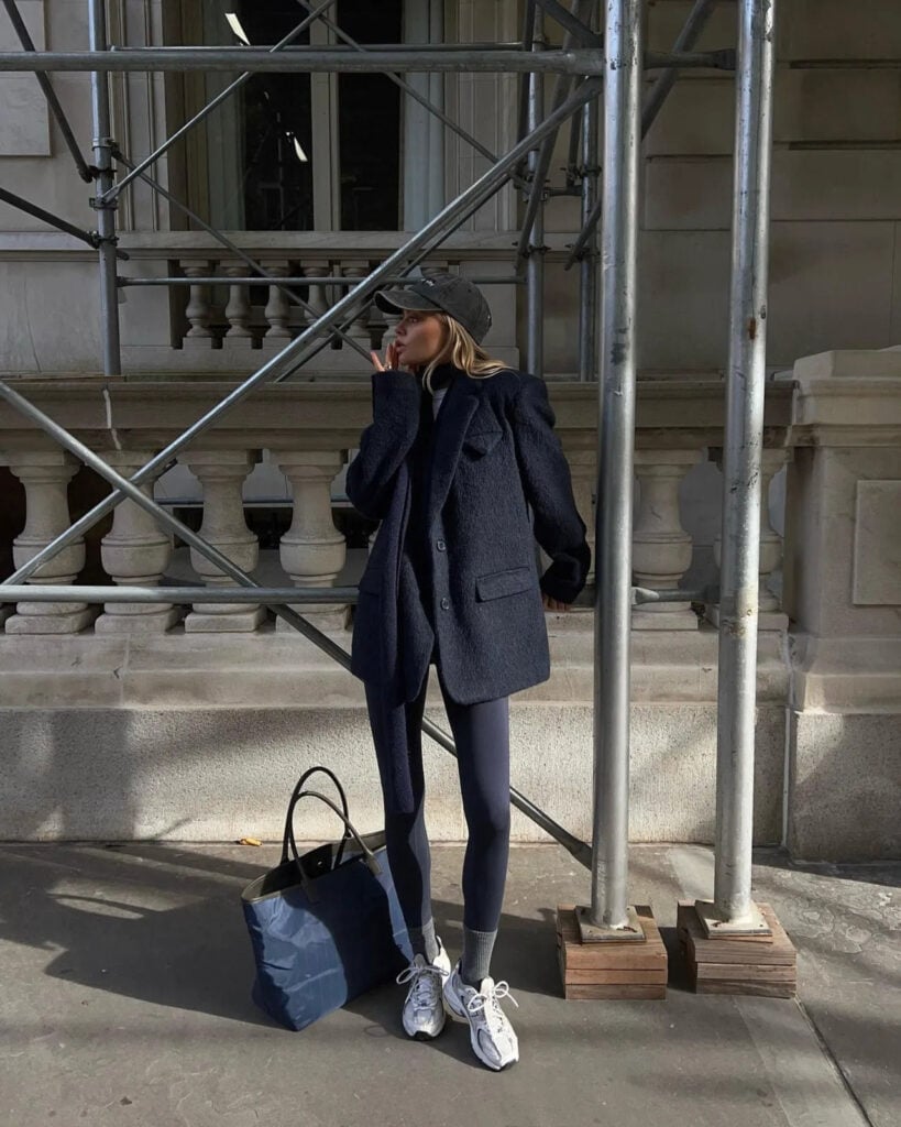 Black Leggings With Navy Blazer And Chunky Sneakers — Simple Leggings Outfits Casual