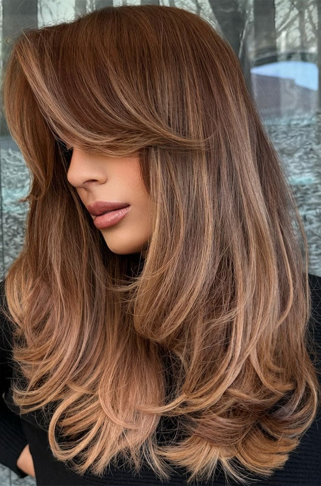 Collarbone Layers With Curtain Bangs Light Brown — Simple Light Highlights