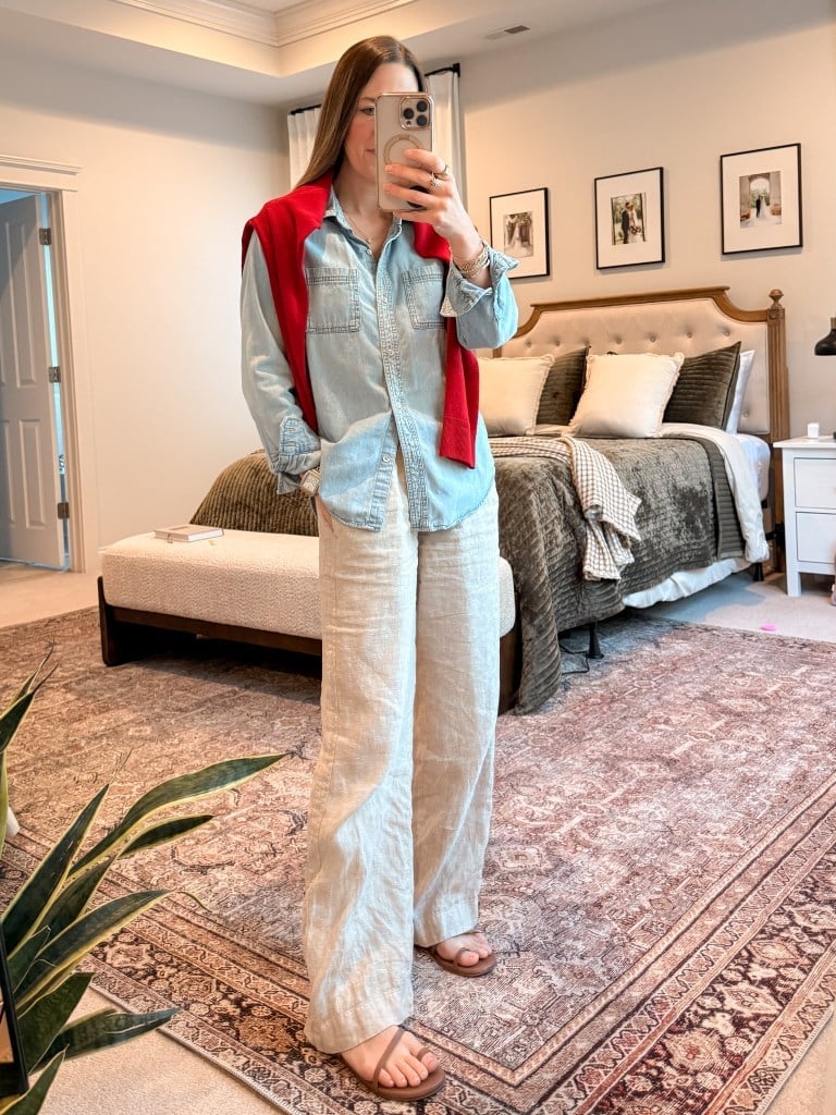 Beige Wide Leg Linen Pants with Denim Shirt and Red Sweater — Simple Linen Pants Outfits