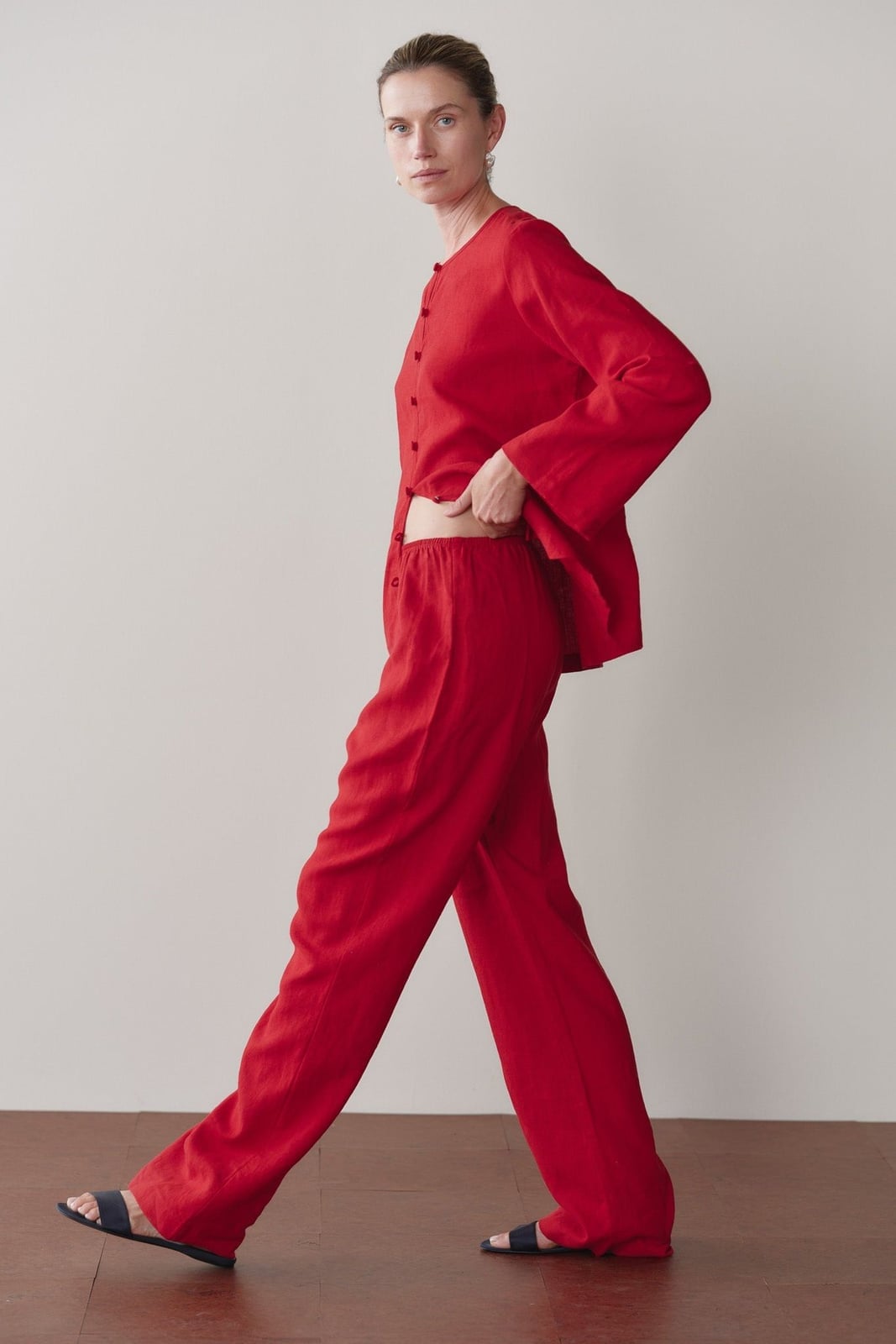 Red Linen Wide Leg Pants and Matching Shirt Set — Simple Linen Pants Outfits