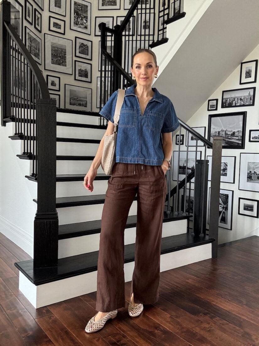 Brown Wide Leg Linen Pants with Denim Collared Shirt — Simple Linen Pants Outfits
