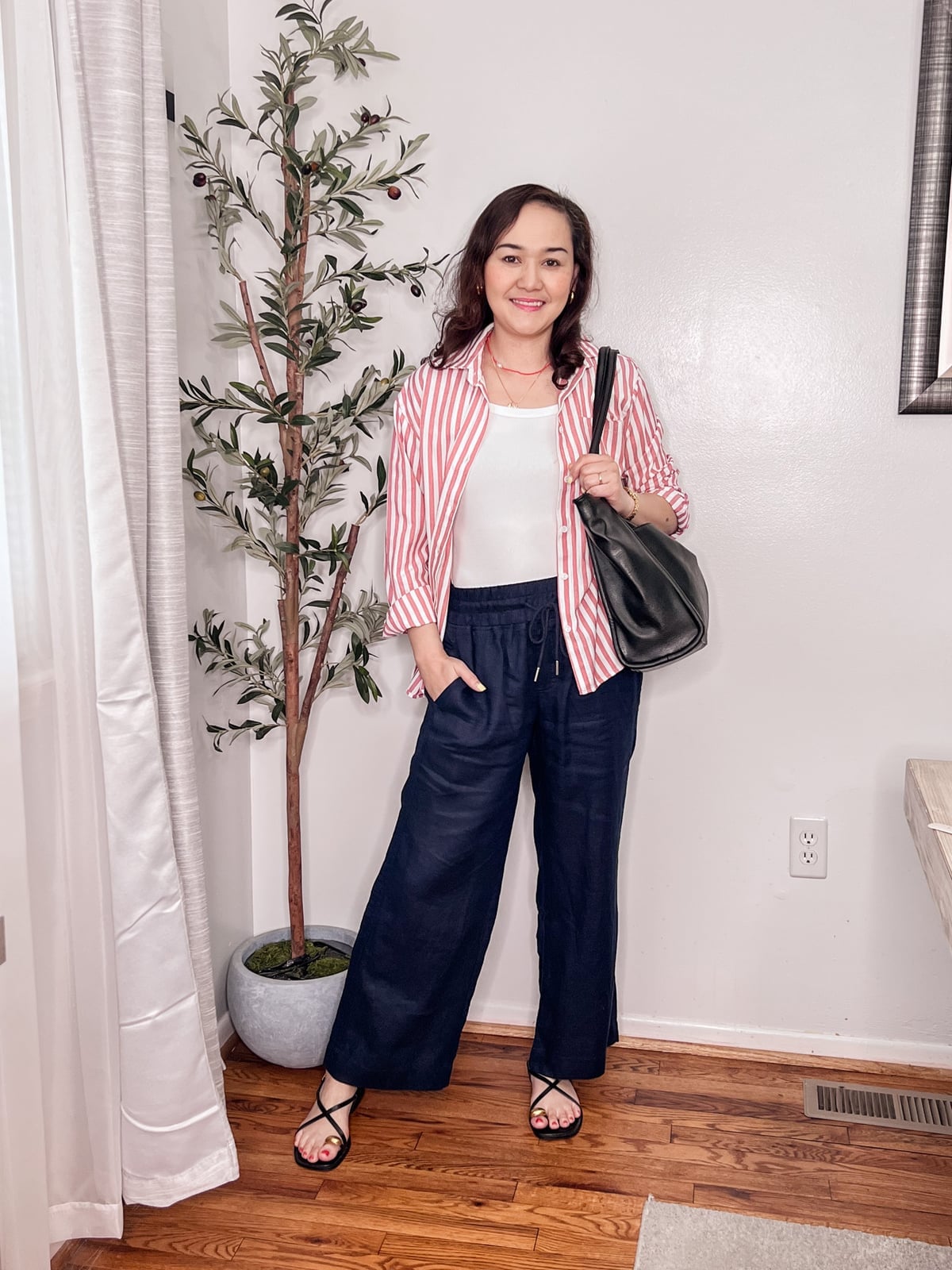 Navy Wide Leg Linen Pants with Striped Oversized Shirt — Simple Linen Pants Outfits
