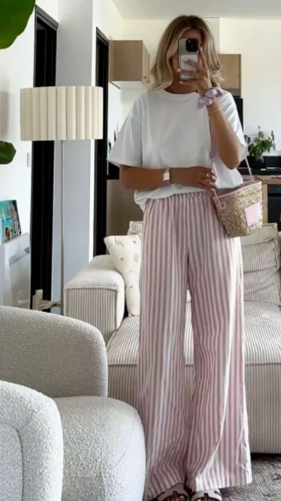 Striped Linen Blend Wide Leg Pants with Pink Knit Sweater — Simple Linen Pants Outfits