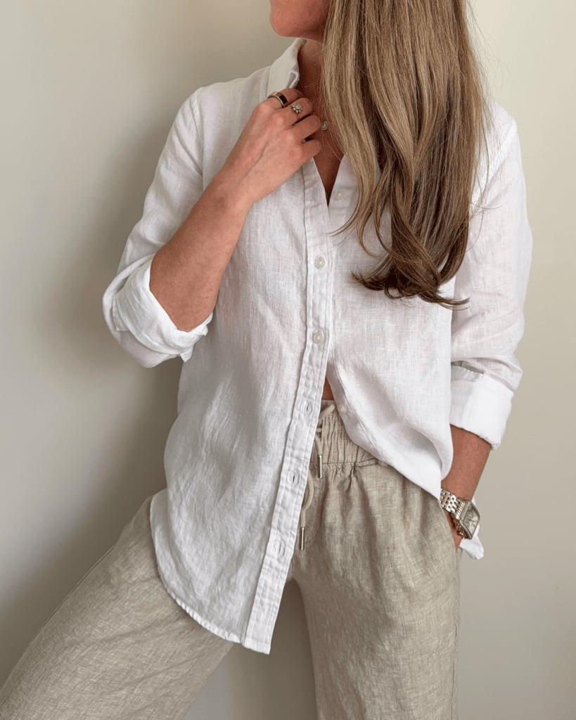 Beige Wide Leg Linen Pants with White Linen Shirt — Simple Linen Pants Outfits