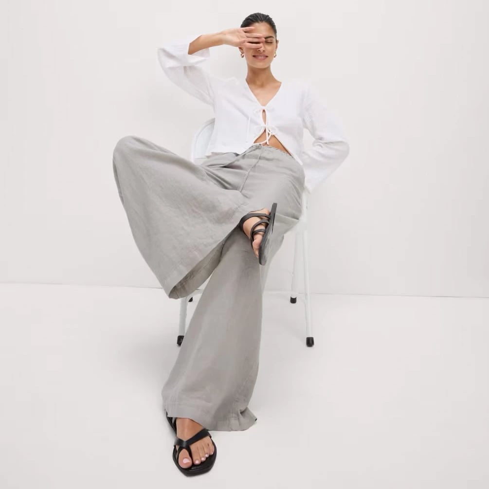 Grey Wide Leg Linen Trousers with White Tie-Front Blouse — Simple Linen Pants Outfits