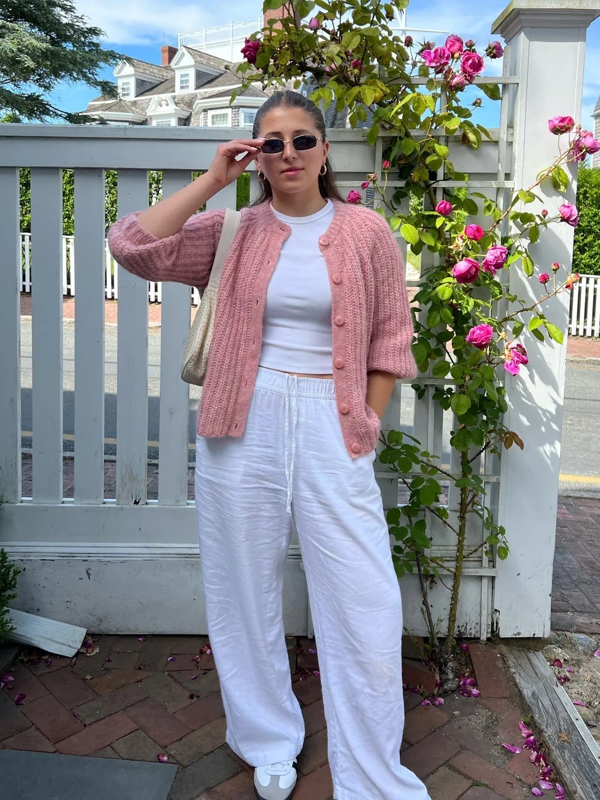 White Wide Leg Linen Pants with Pink Knit Cardigan — Simple Linen Pants Outfits