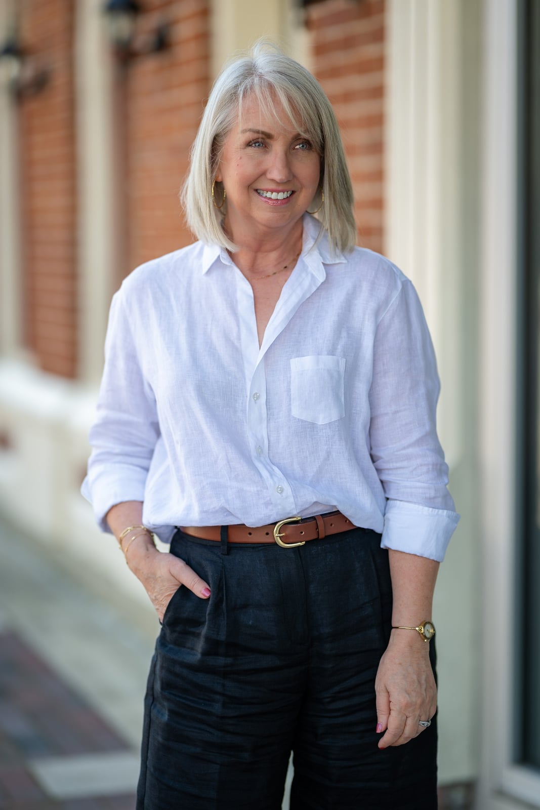 Dark Grey Pleated Linen Trousers with White Button-Down Shirt — Simple Linen Pants Outfits