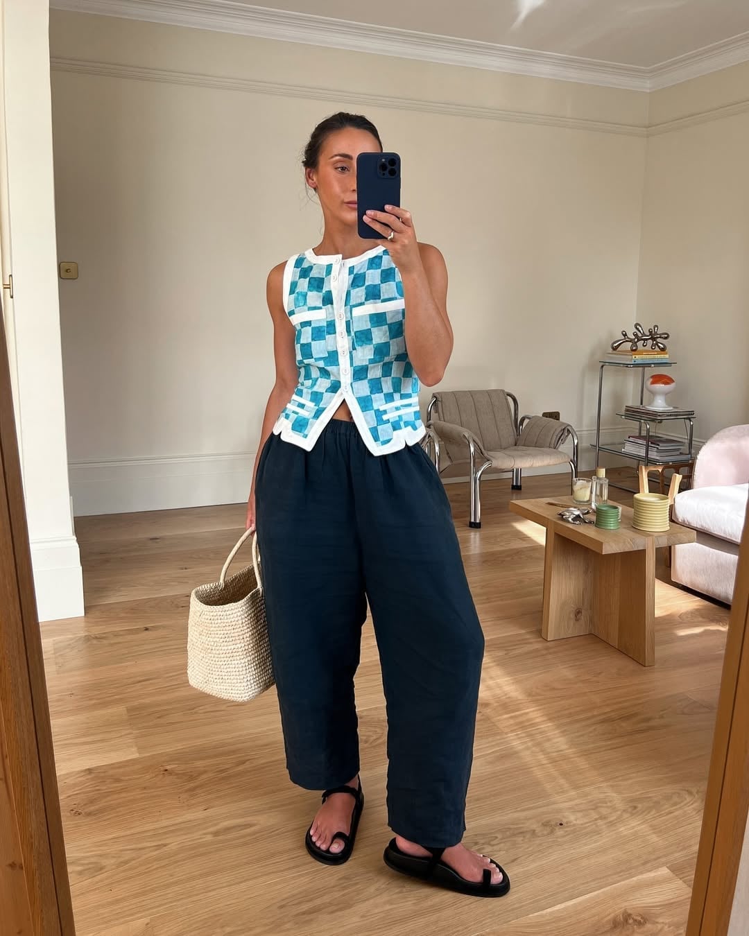 Navy Linen Trousers with Checkered Knit Vest — Simple Linen Pants Outfits