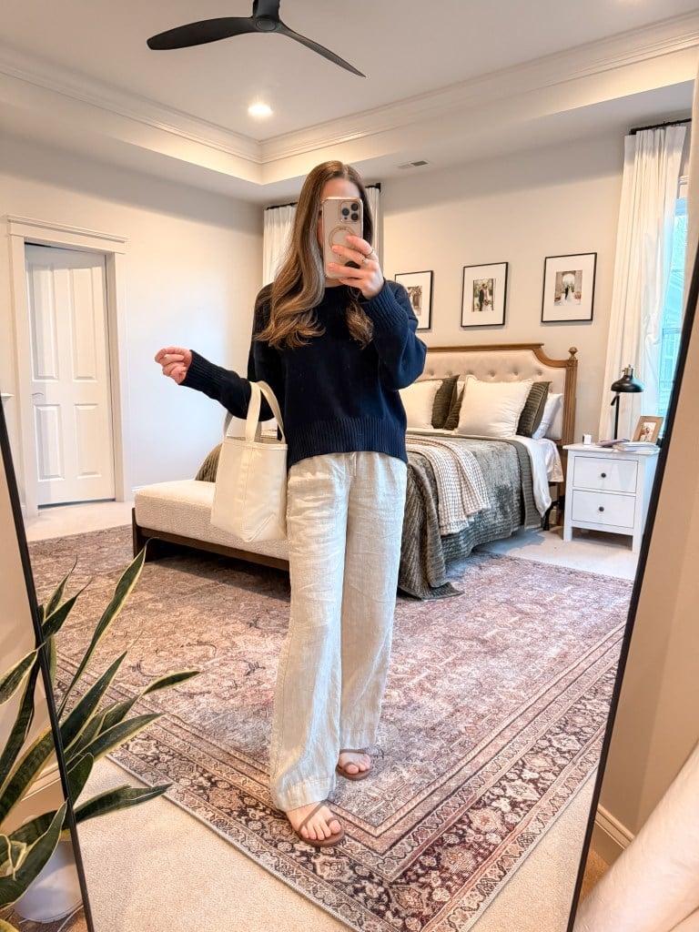 Beige Wide Leg Linen Pants with Navy Knit Sweater — Simple Linen Pants Outfits