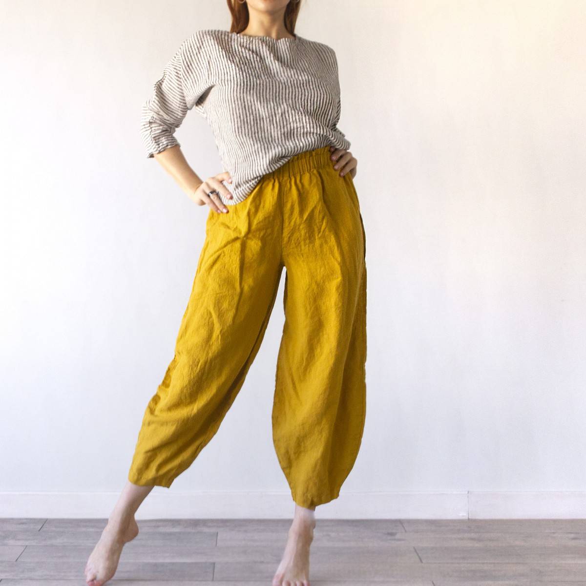 Yellow Balloon Leg Linen Pants with Striped Top — Simple Linen Pants Outfits