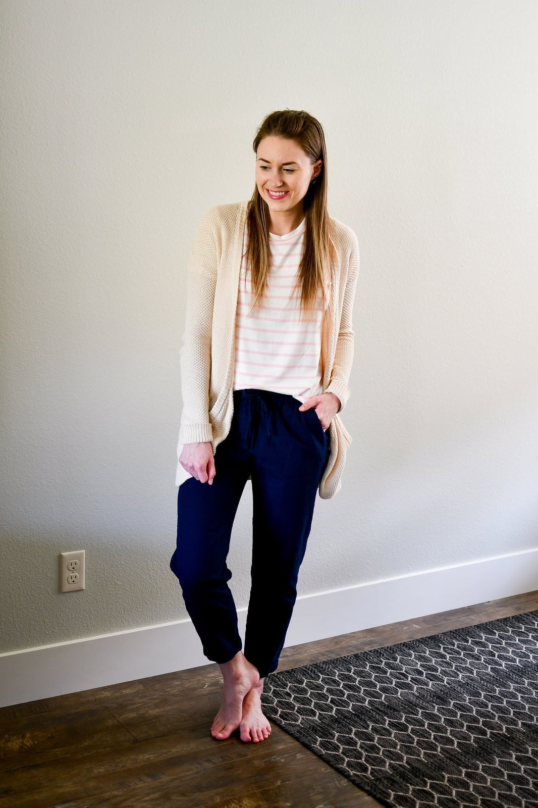 Navy Linen Pants with Striped T-Shirt and Cream Cardigan — Simple Linen Pants Outfits