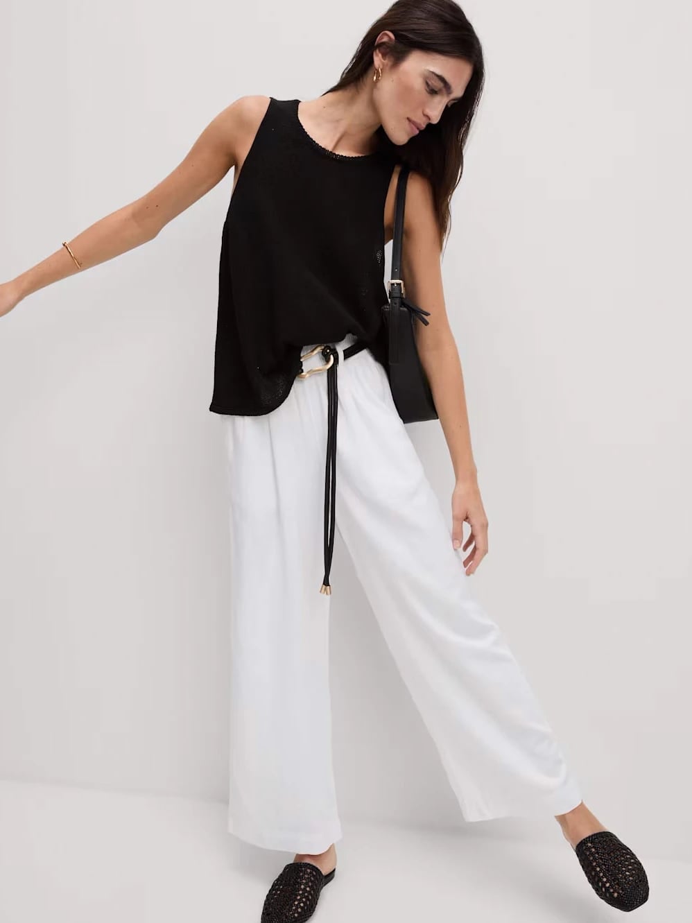 White Wide Leg Linen Pants with Black Knit Top — Simple Linen Pants Outfits