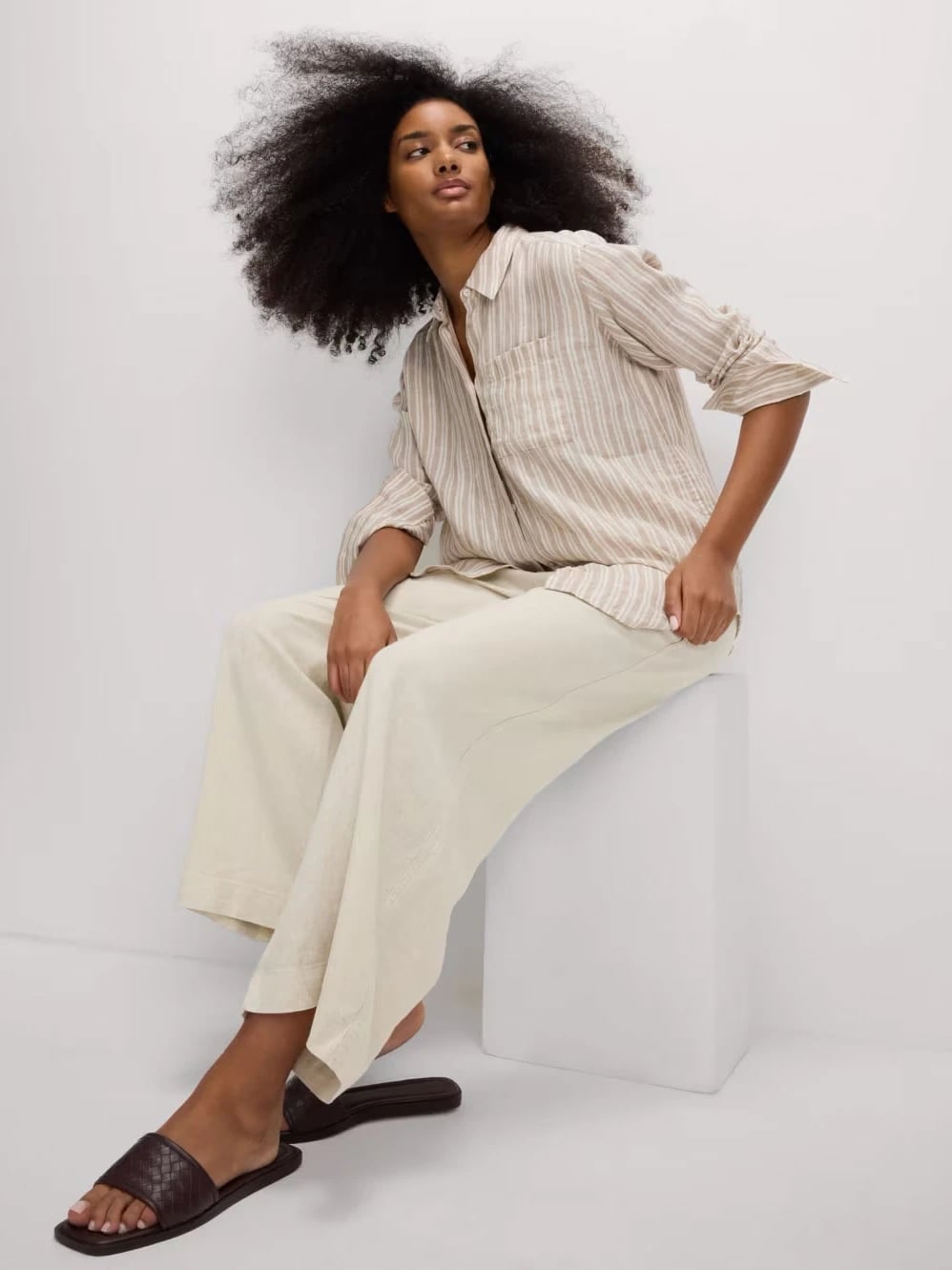 Cream Wide Leg Linen Pants with Striped Linen Shirt — Simple Linen Pants Outfits