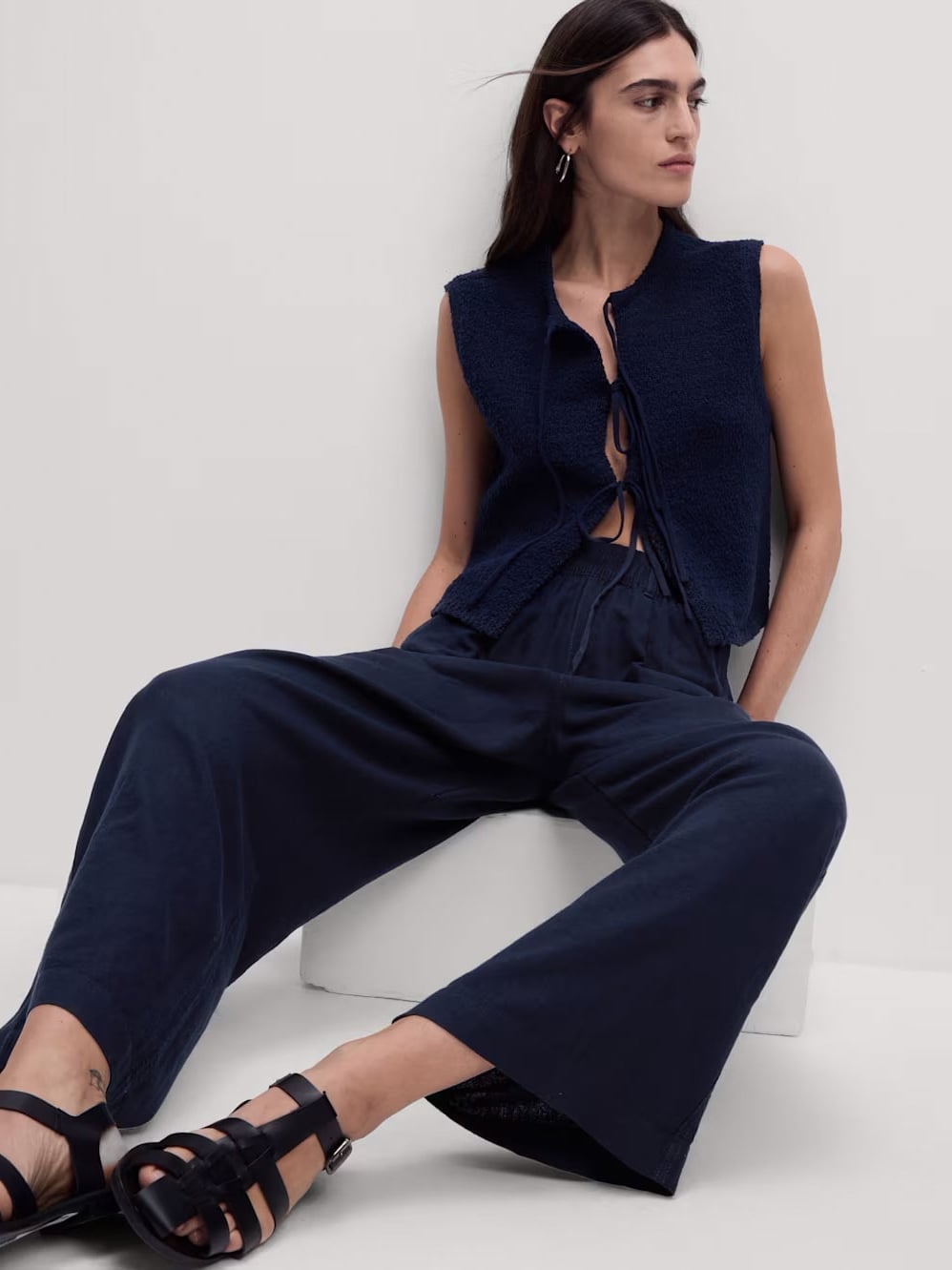 Navy Wide Leg Linen Pants with Tie-Front Knit Top — Simple Linen Pants Outfits