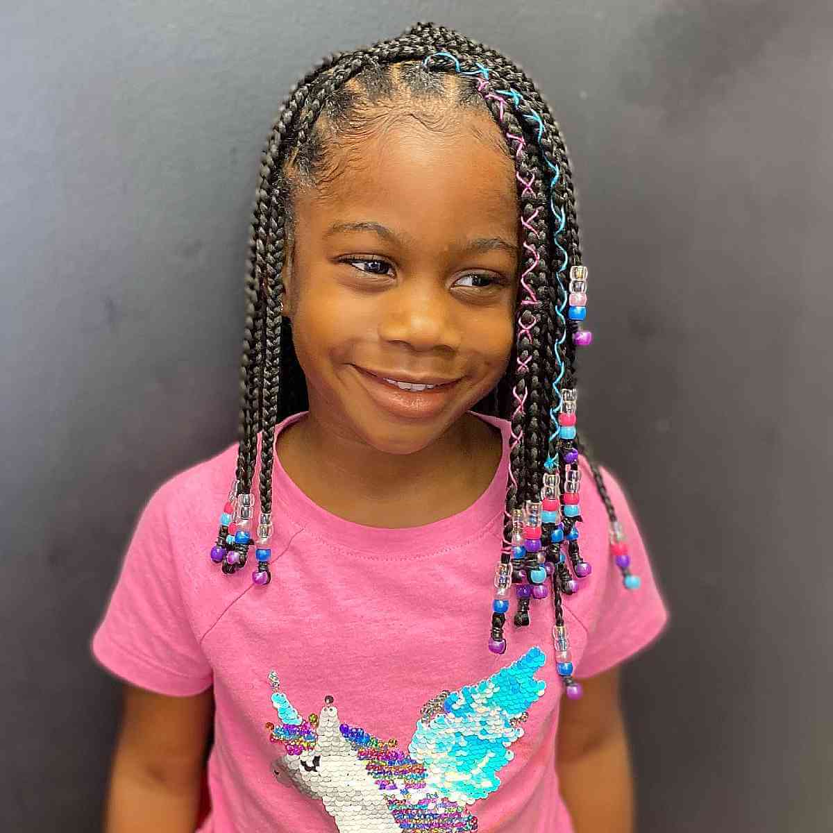 Mid-Back Black Box Braids With Colorful Threads Mid-Back Black Box Braids With Colorful Threads — Simple Little Girl Braids