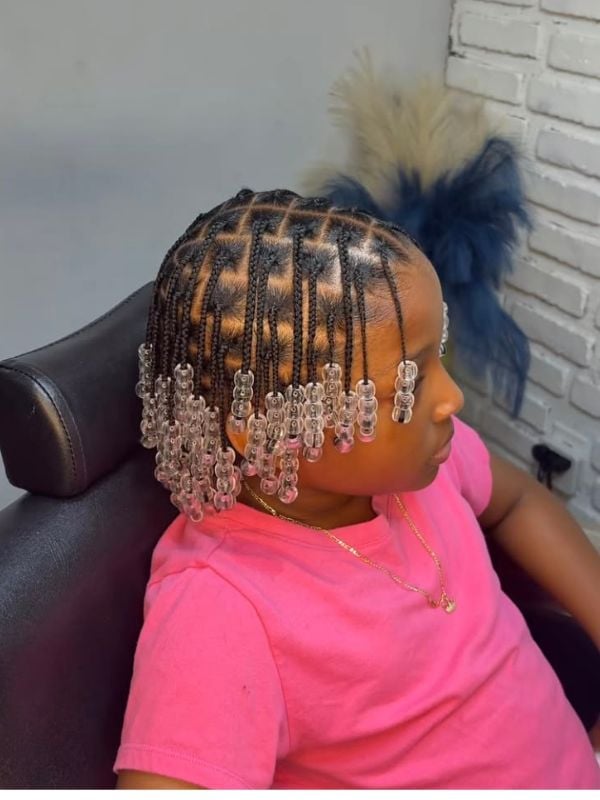 Short Black Small Braids With Transparent Beads Short Black Small Braids With Transparent Beads — Simple Little Girl Braids