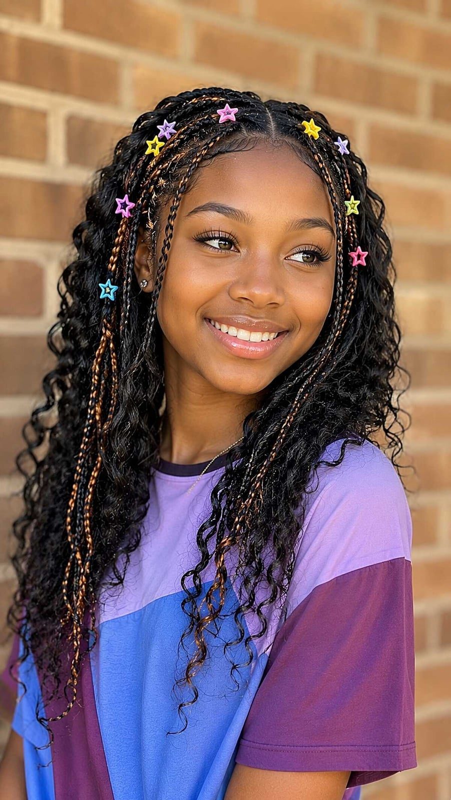 Mid-Back Curly Braids With Star Clips Mid-Back Curly Braids With Star Clips — Simple Little Girl Braids