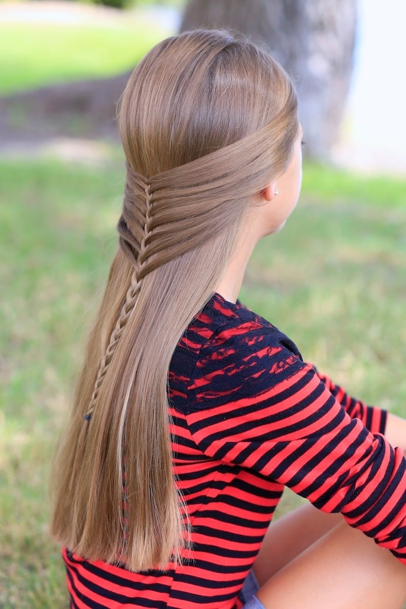 Mid-Back Fishtail Braid Half-Up Style Mid-Back Fishtail Braid Half-Up Style — Simple Little Girl Braids