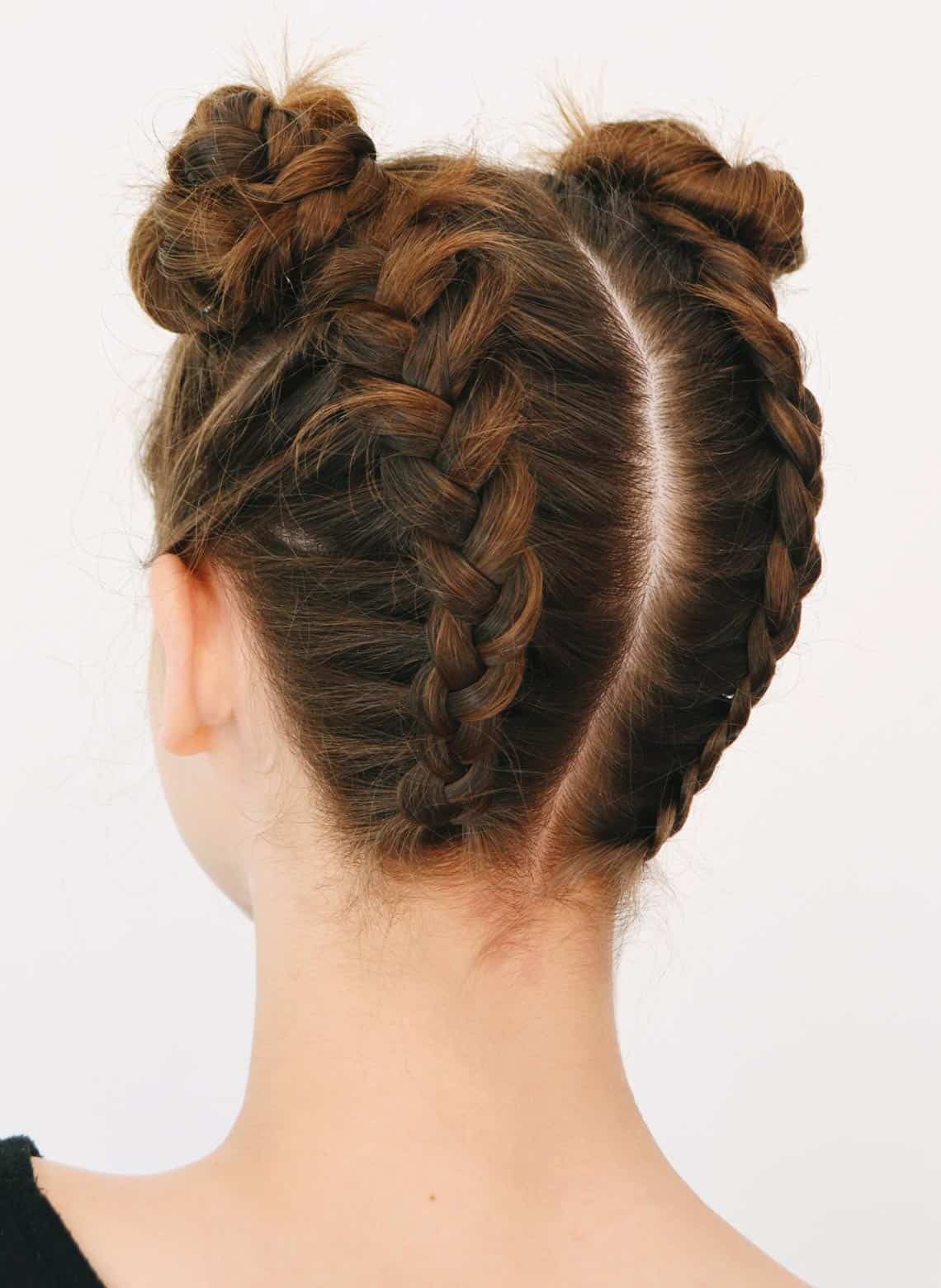 Mid-Back Wavy Braids Into Double Buns Mid-Back Wavy Braids Into Double Buns — Simple Little Girl Braids
