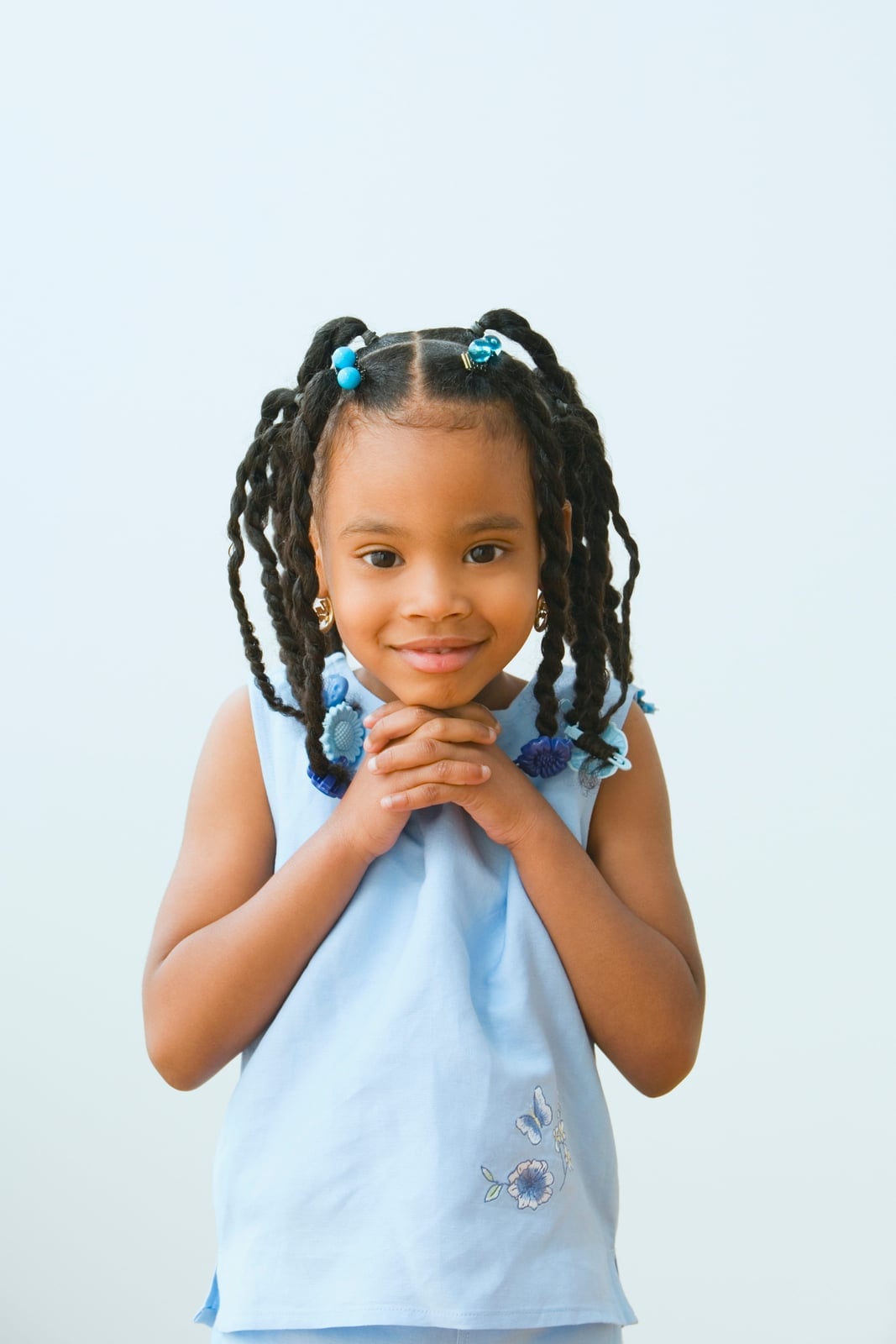 Mid-Back Braided Pigtails With Blue Beads — Simple Little Girl Hairstyles