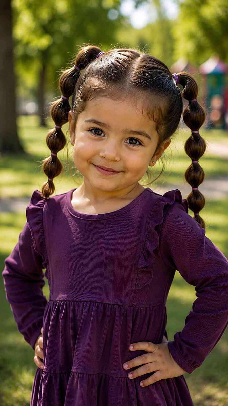 Mid-Back Bubble Ponytails With Purple Elastics — Simple Little Girl Hairstyles