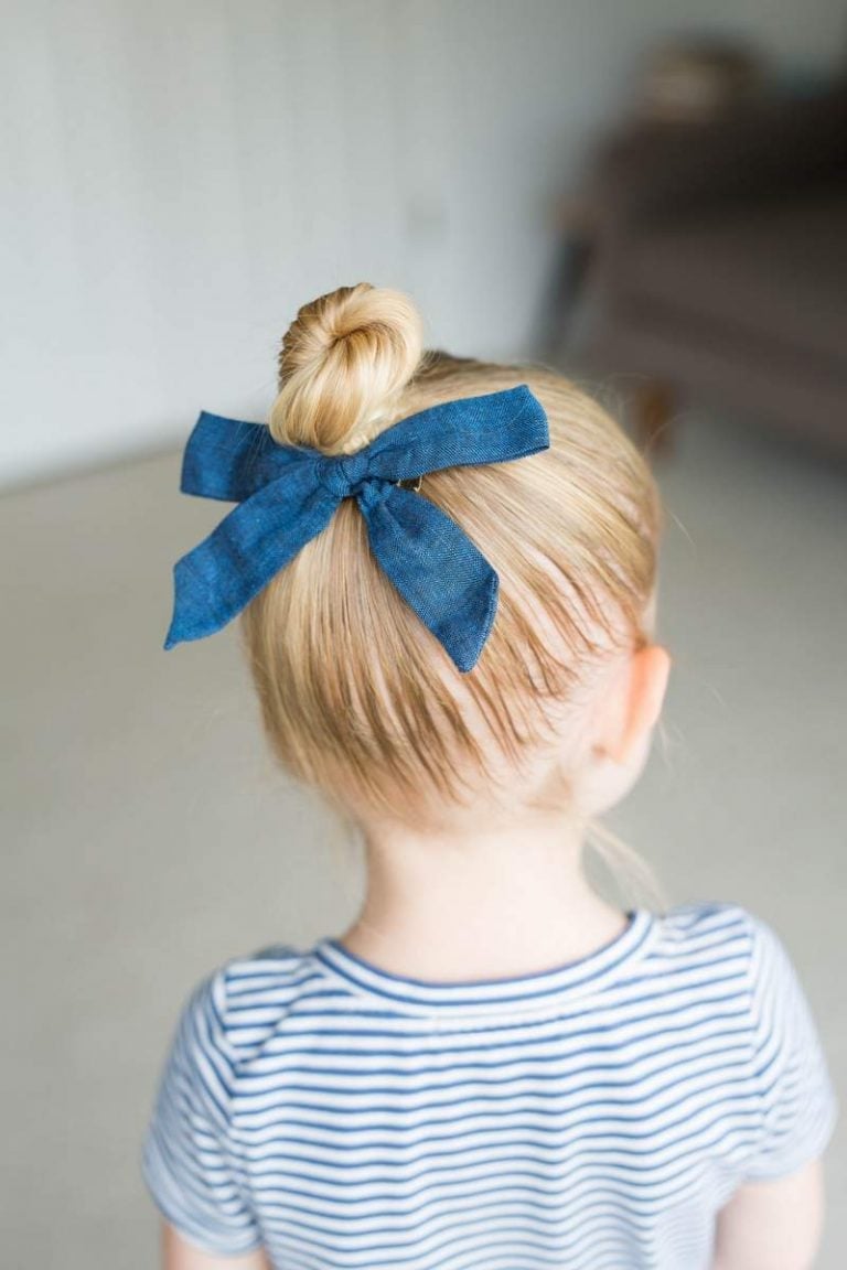 Straight Fine Hair Top Knot With Denim Bow — Simple Little Girl Hairstyles