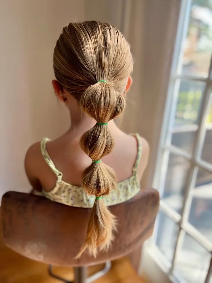 Blonde Mid-Back Bubble Ponytail With Green Elastics — Simple Little Girl Hairstyles