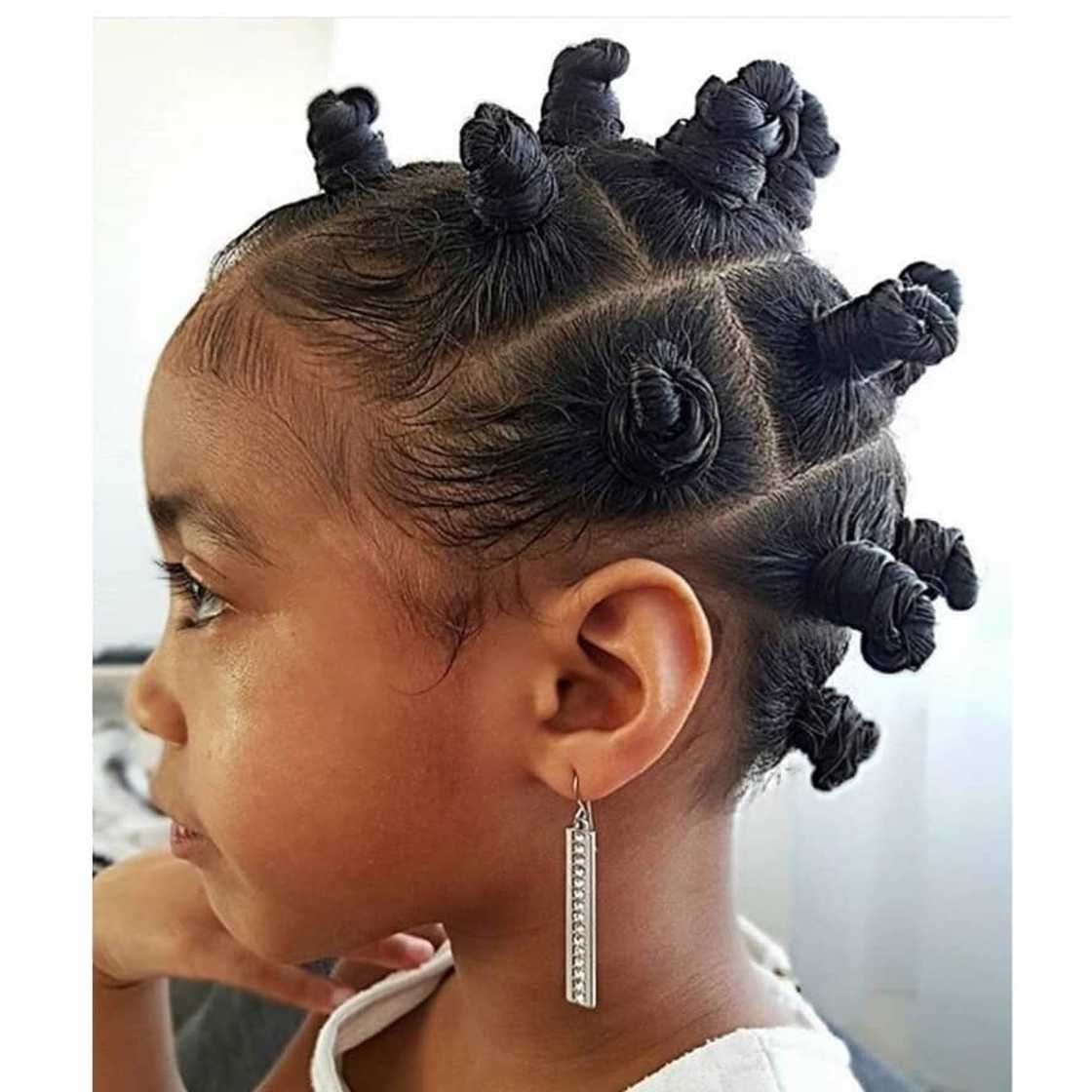 Short Bantu Knots With Geometric Pattern — Simple Little Girl Hairstyles