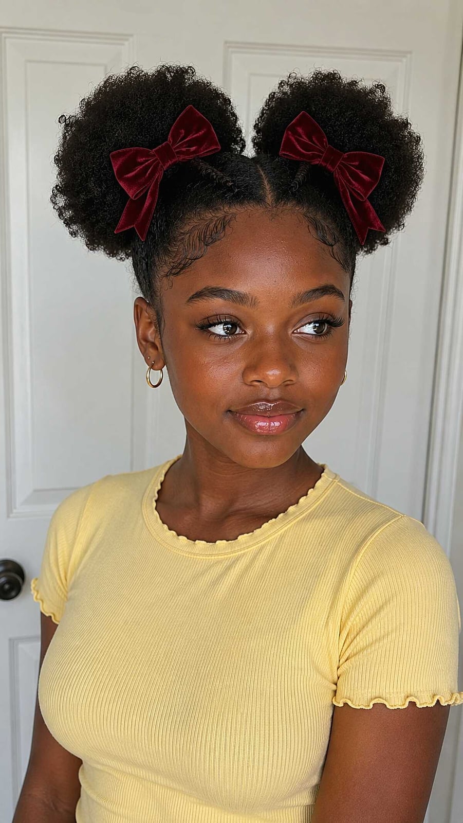Mid-Back Two Buns With Velvet Bows — Simple Little Girl Hairstyles