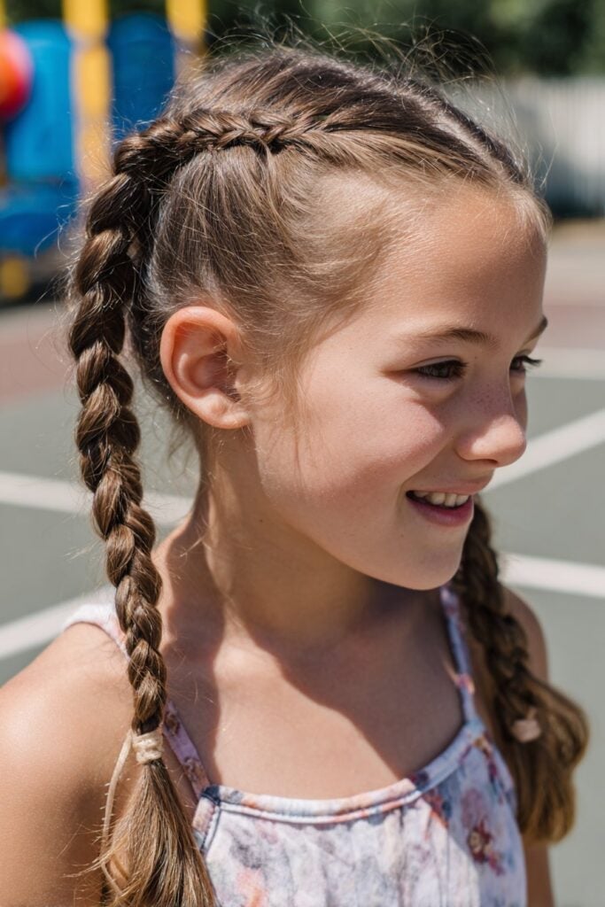 Neat Double Braids Into Pigtails Side View — Simple Little Girl Hairstyles