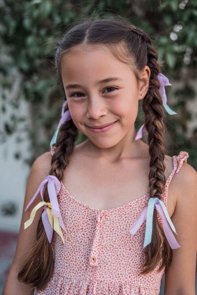 Mid-Back Braids With Pastel Ribbons — Simple Little Girl Hairstyles