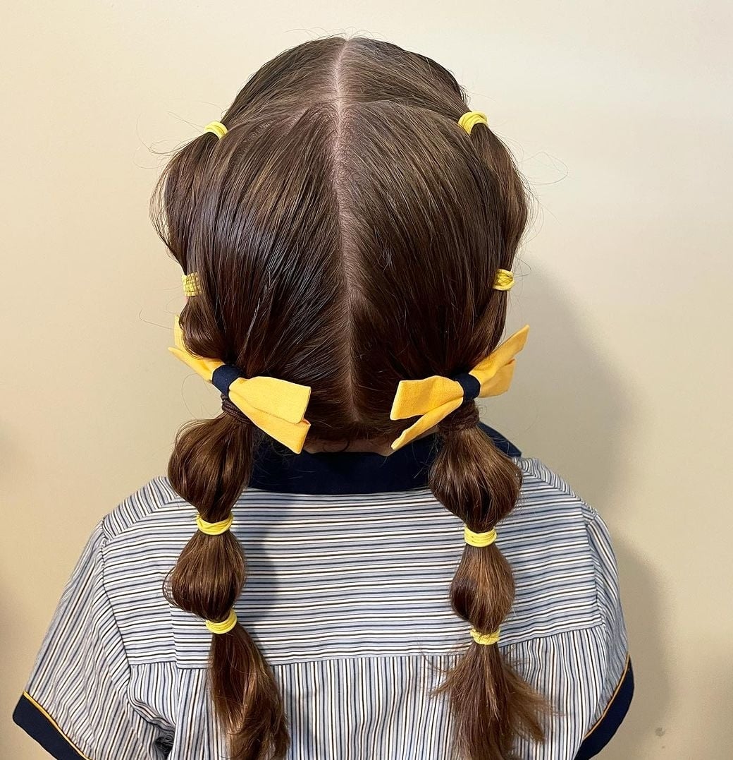Mid-Back Bubble Pigtails With Yellow Bows — Simple Little Girl Hairstyles