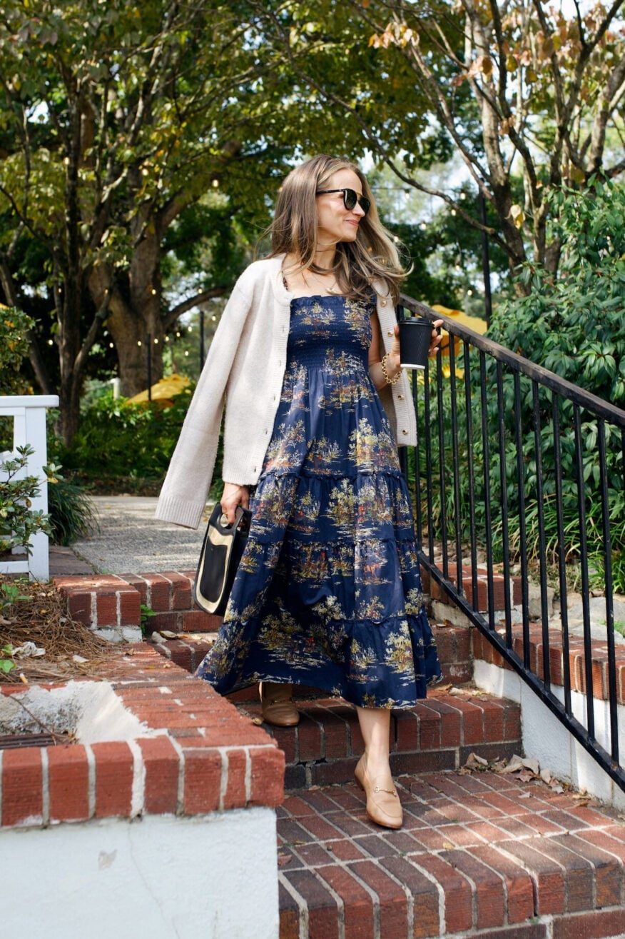 Tan Loafers with Patterned Maxi Dress and Beige, Close-Up Take Tan Loafers with Patterned Maxi Dress and Beige, Close-Up Take — Simple Loafer Outfits