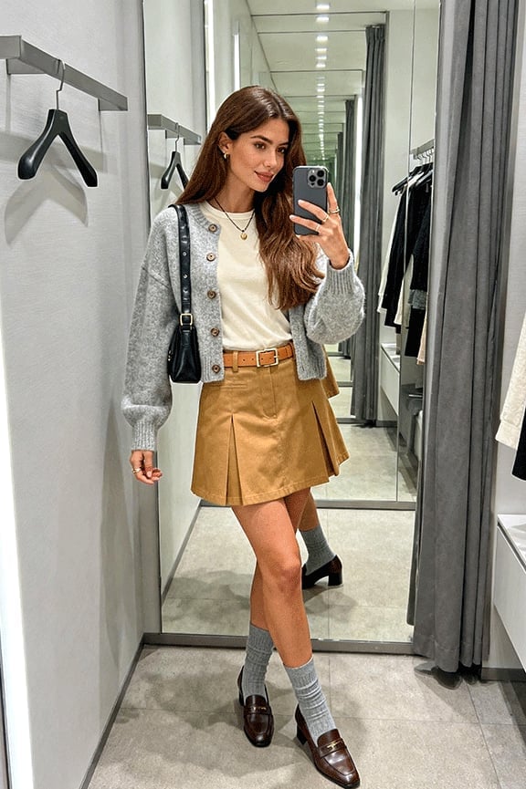 Pleated Mini Skirt and Tan Cardigan with Dark, Office-Safe Version Pleated Mini Skirt and Tan Cardigan with Dark, Office-Safe Version — Simple Loafer Outfits