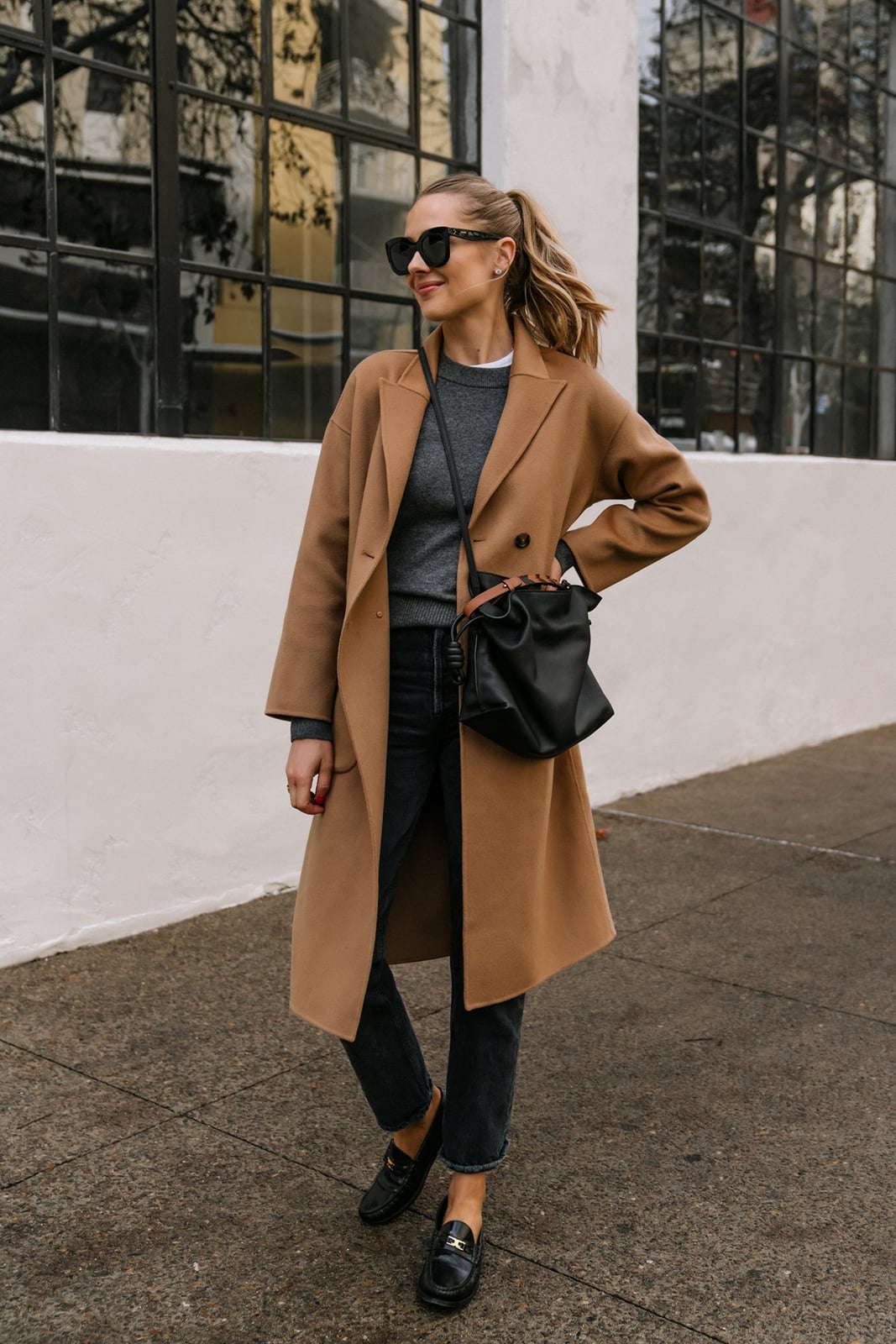 Camel Coat and Grey Jeans with Black Loafers, Close-Up Take Camel Coat and Grey Jeans with Black Loafers, Close-Up Take — Simple Loafer Outfits