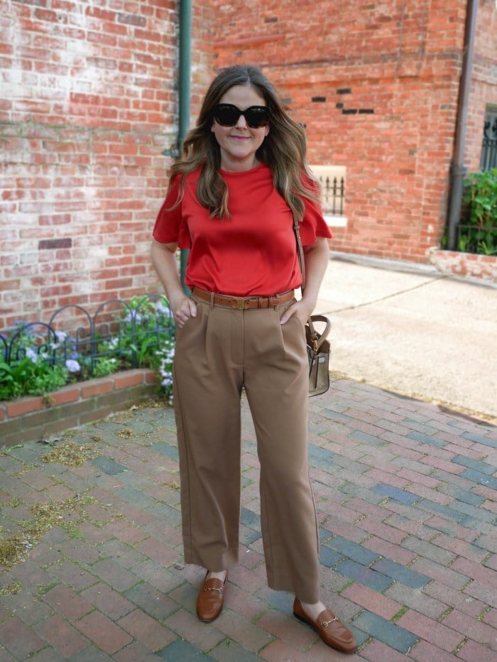 Red Silk Blouse and Beige Wide Leg Trousers with Brown Loafers Red Silk Blouse and Beige Wide Leg Trousers with Brown Loafers — Simple Loafer Outfits