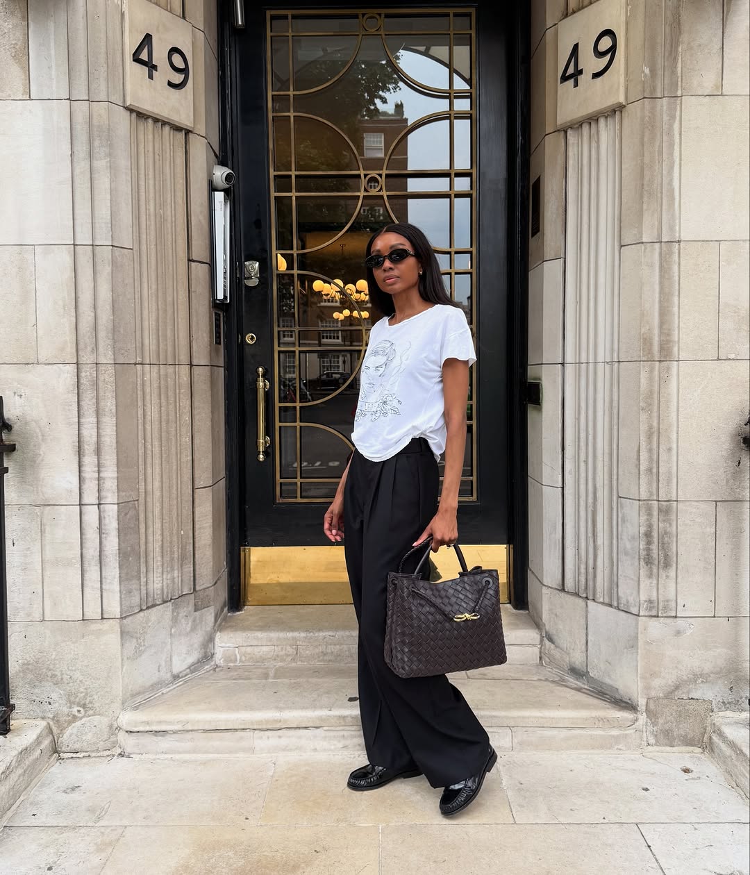 Graphic T-Shirt and Black Wide Leg Trousers with Patent Loafers Graphic T-Shirt and Black Wide Leg Trousers with Patent Loafers — Simple Loafer Outfits