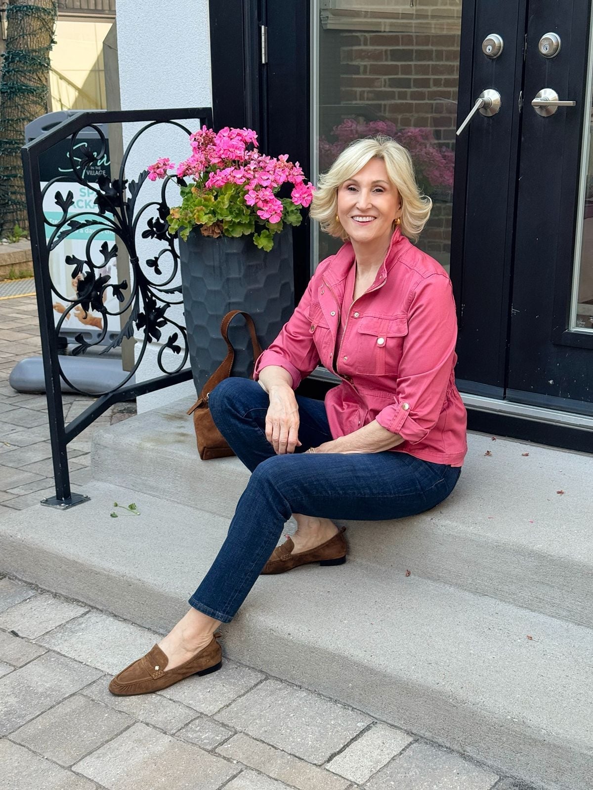 Pink Utility Jacket and Straight Leg Jeans with Brown Suede Loafers Pink Utility Jacket and Straight Leg Jeans with Brown Suede Loafers — Simple Loafer Outfits
