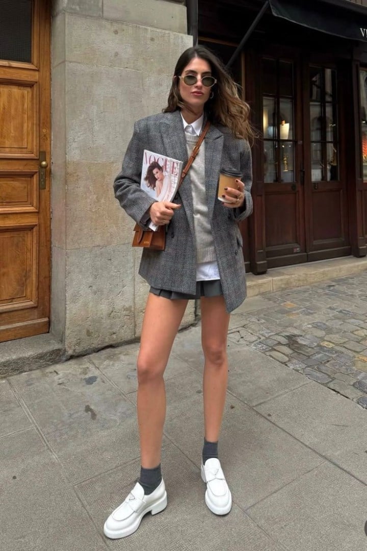 Chunky White Loafers with a Grey Mini Skirt, Close-Up Take Chunky White Loafers with a Grey Mini Skirt, Close-Up Take — Simple Loafer Outfits