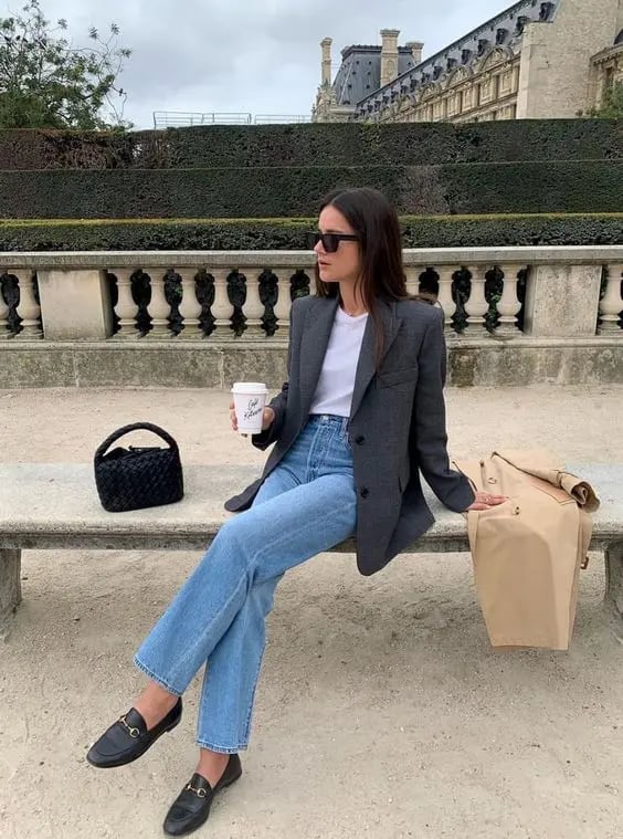 Horsebit Loafers with Light Blue Jeans and a Grey Oversized Blazer Horsebit Loafers with Light Blue Jeans and a Grey Oversized Blazer — Simple Loafer Outfits