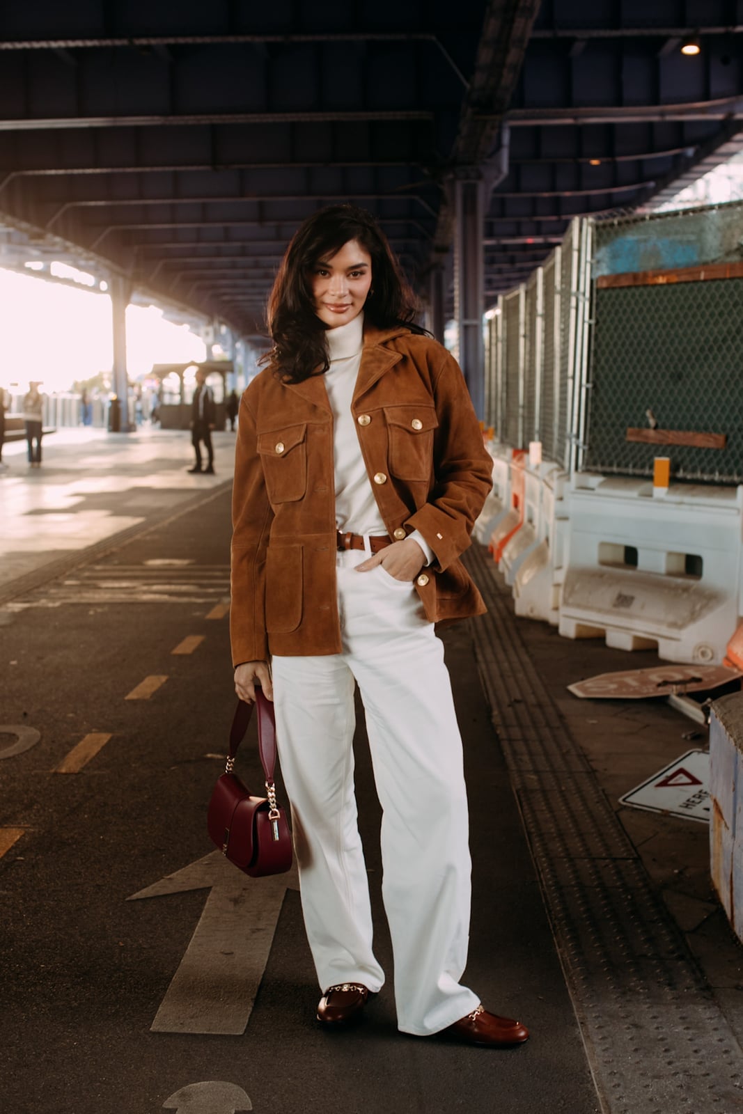 Brown Loafers with White Wide-Leg Trousers and Suede Utility Jacket Brown Loafers with White Wide-Leg Trousers and Suede Utility Jacket — Simple Loafer Outfits