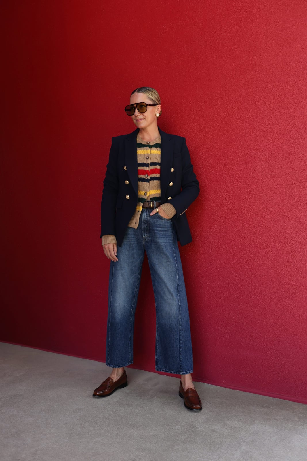Striped Cardigan and Wide-Leg Jeans with Brown Loafers Striped Cardigan and Wide-Leg Jeans with Brown Loafers — Simple Loafer Outfits