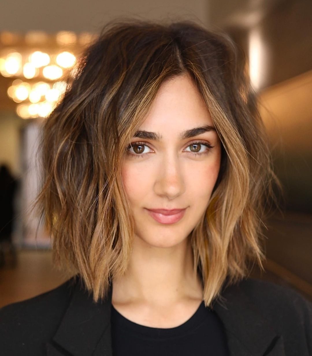 Textured Dark Brown Lob With Balayage Textured Dark Brown Lob With Balayage — Simple Lob Hair