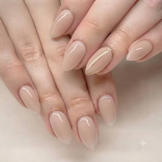 Sheer Milky Pink Single Gold Line Medium Almond Nails Sheer Milky Pink Single Gold Line Medium Almond Nails — Simple Luxury Nails